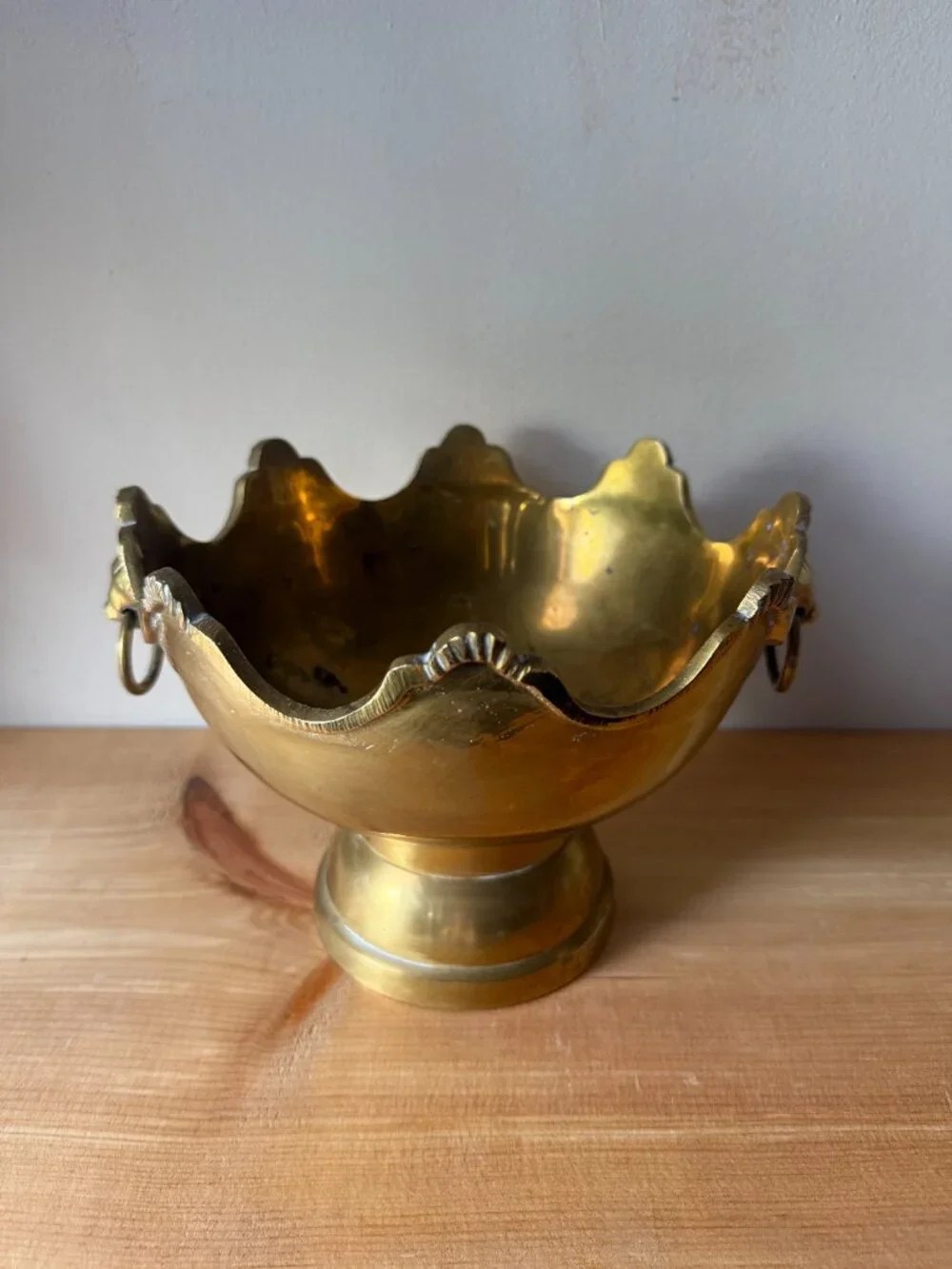 Vintage Brass Lion Head Pedestal Bowl | Scalloped Monteith Centerpiece
